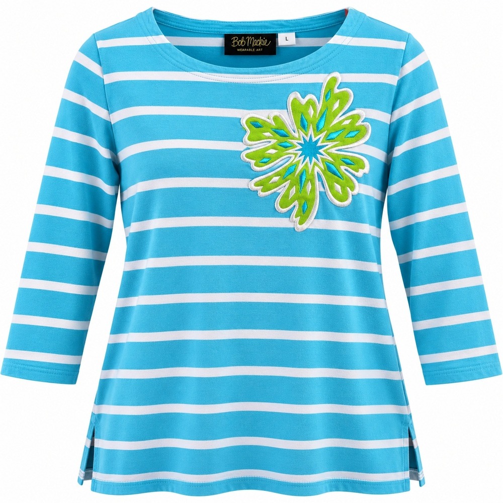 Bob Mackie Top Women L Blue Striped 3/4 Sleeve Embroidered Floral Wearable Art